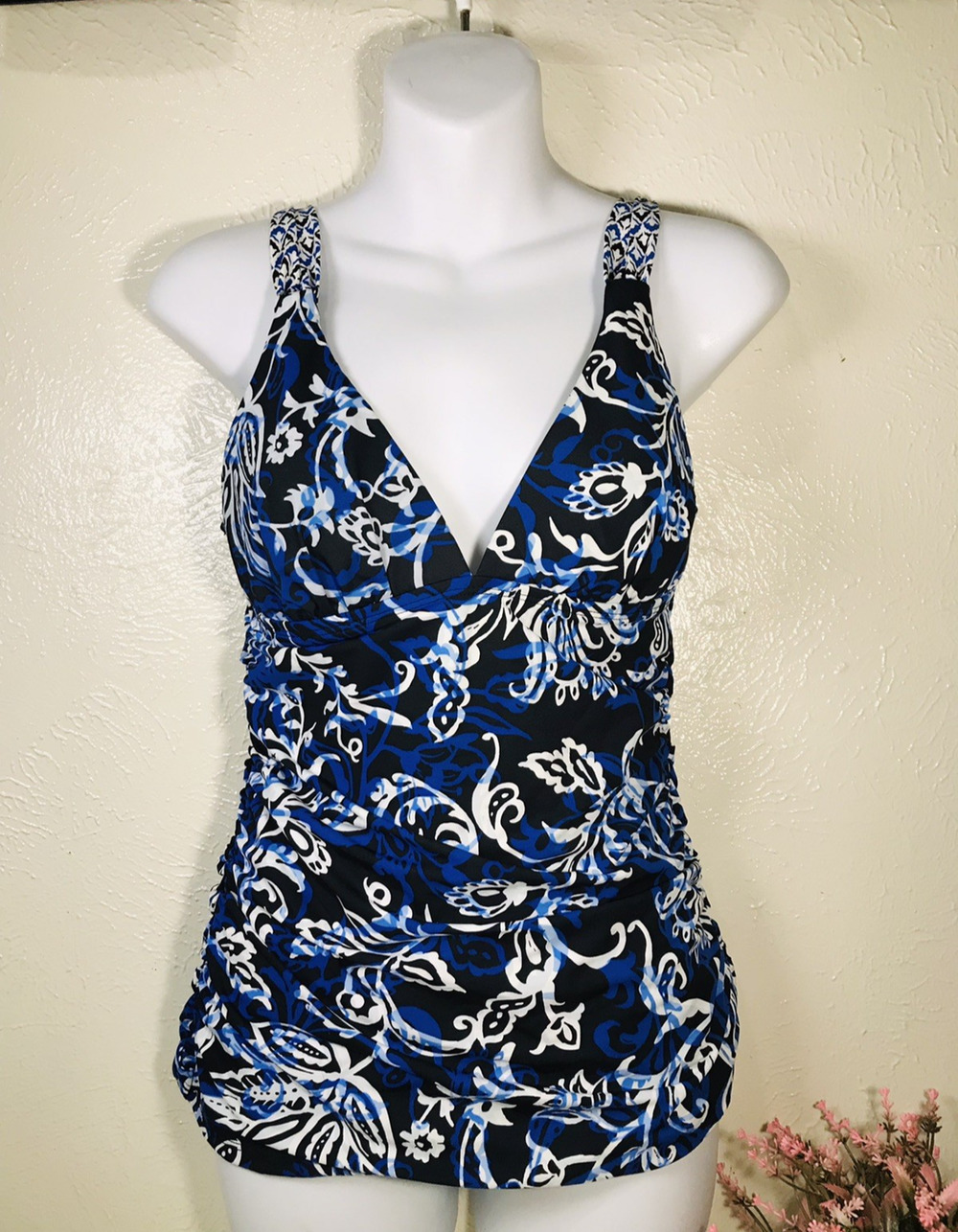 Tommy Bahama Tankini Swim Top Women Small Blue White Floral Beach Pool Padded